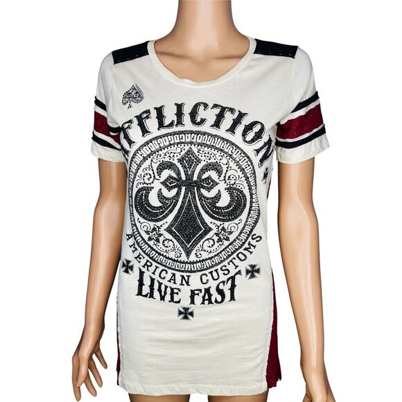 Affliction Tops - Affliction Live Fast American Customs Studded Graphic shirt S Cream Black Flawed